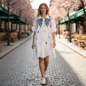 Anthropologie Kindred Embroidered Button Down Shirt Dress Size PS Petite Peasant